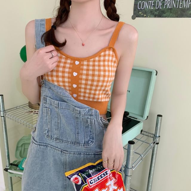 INEN-Scoop Neck Gingham Button Accent Knit Crop Tank Top