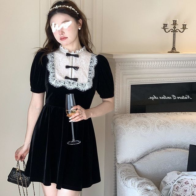chinese dress ladies Black Velvet White Lace Dress main image 1