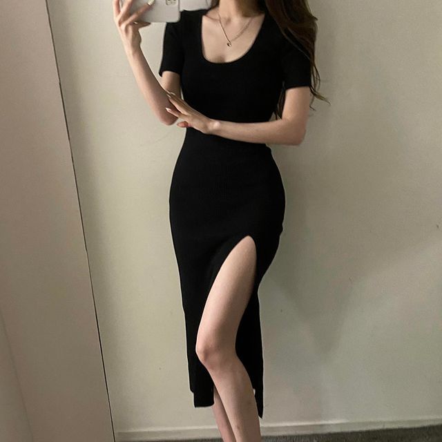 bardot bodycon dress white THE MYSTYLEMODE BLACK KEYHOLE CAP SLEEVE FUNNEL NECK DOUBLE LINED BODY main image 0