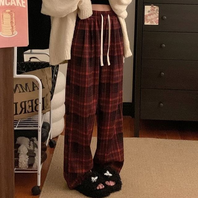 Iduna-Drawstring Waist Plaid Baggy Pants