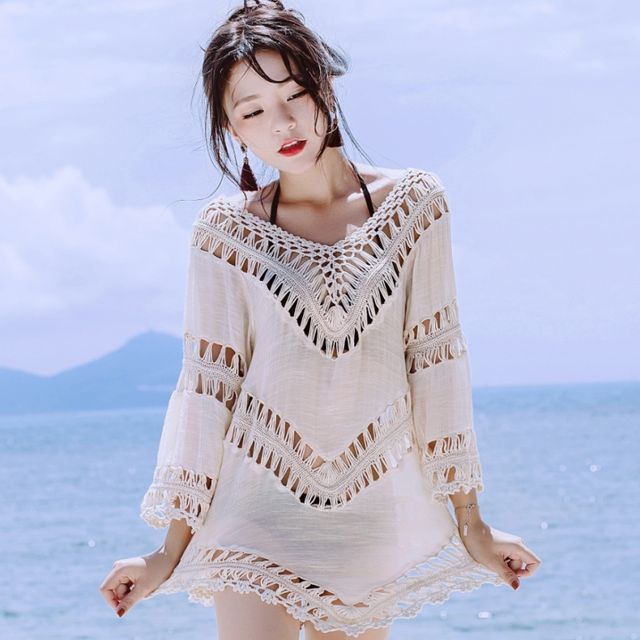 Juuri-Long-Sleeve V-Neck Plain Cutout Cover Up