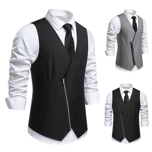 Blueforce-V-Neck Plain Front-Slit Zip Vest