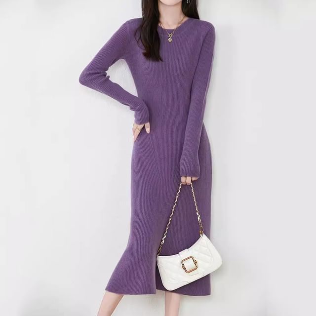 Gistinty - Long-Sleeve Crewneck Knit Midi Sheath Dress | YesStyle