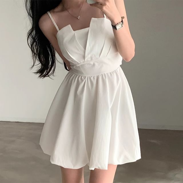 Coris-Spaghetti Strap Plain Shirred Mini A-Line Dress