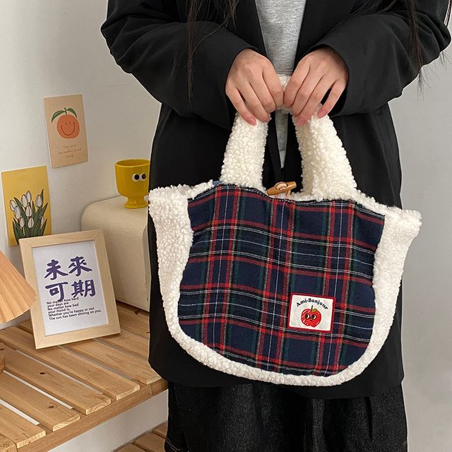 Plaid Fluffy Tote Bag