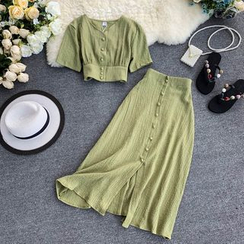 Lucuna - Set: Short-Sleeve Buttoned Crop Top + A-Line Midi Skirt Lucuna - Set: Short-Sleeve Buttoned Crop Top + A-Line Midi Skirt