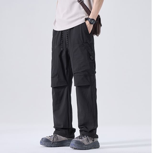 Denimic-Drawstring Waist Plain Straight Leg Cargo Pants