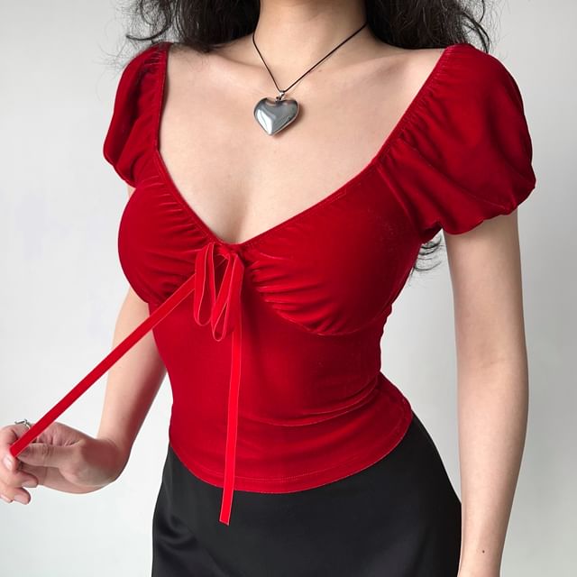 Sinora-Short-Sleeve V-Neck Velvet Plain Top