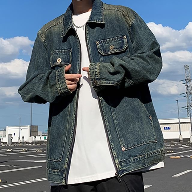 Antaeus-Collared Washed Zip-Up Denim Jacket