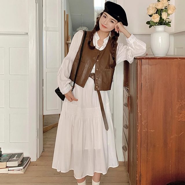 a line vest dress Women's Slim-Fit Long Vest Dress  A-Line High-Waist Sleeveless Light Blue / XL