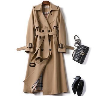 INEN Lapel Collar Plain Sashed Double Breasted Long Trench Coat