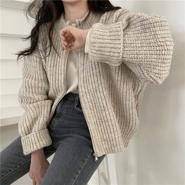 Frigga-Collared Plain Zip Up Cardigan