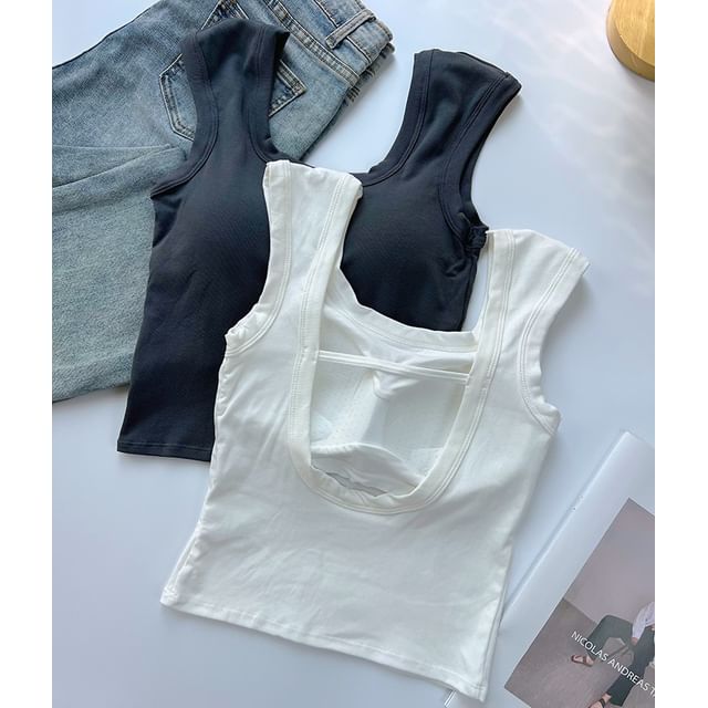 DIYI-Scoop Neck Plain Backless Crop Tank Top