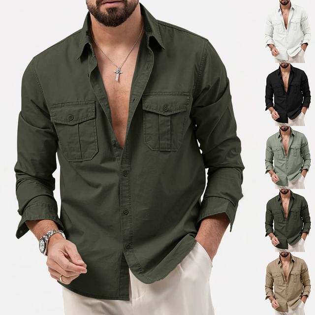 Double White-Long-Sleeve Plain Button-Up Cargo Shirt