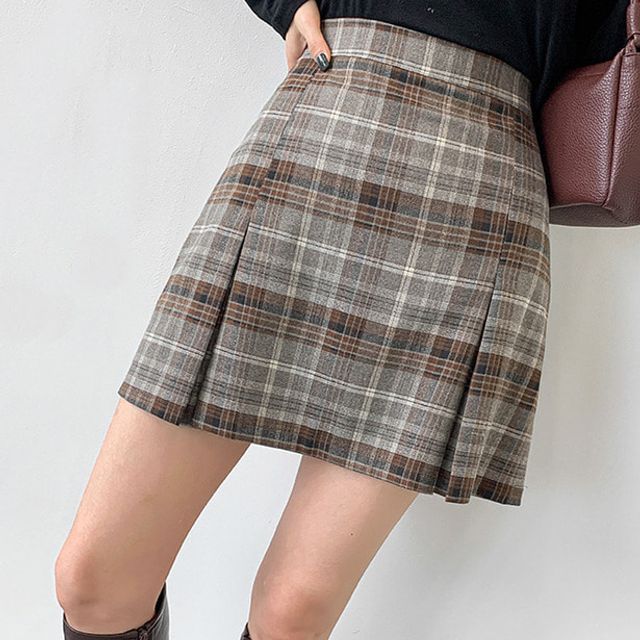 MERONGSHOP - Pleated A-Line Plaid Miniskirt | YesStyle