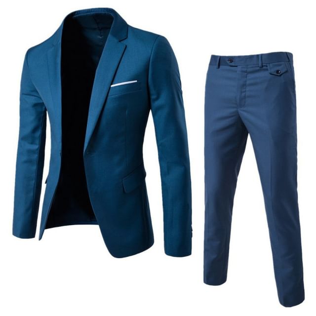 Sheck-Set Lapel Collar Contrast Trim One-Buttoned Blazer Mid Rise Straight Leg Dress Pants