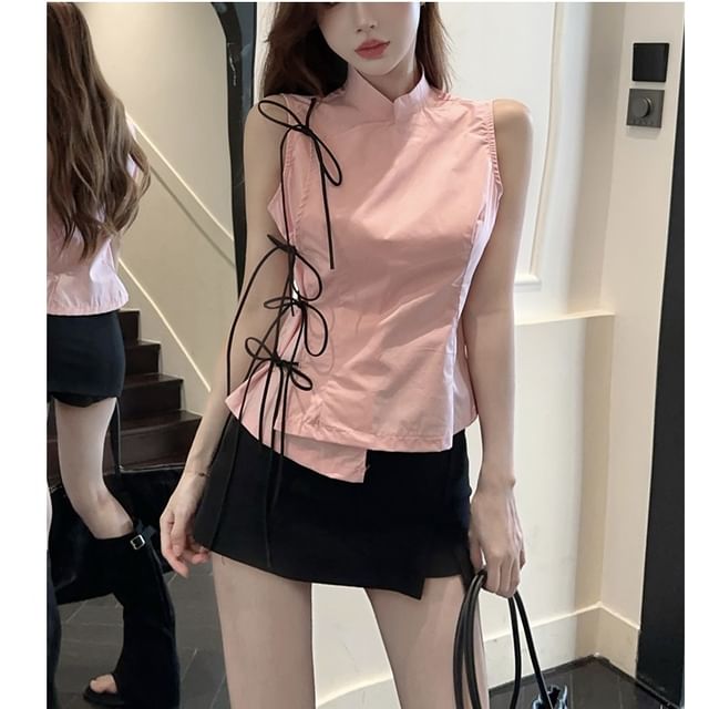 Whoosh-Sleeveless Stand Collar Asymmetrical Plain Top