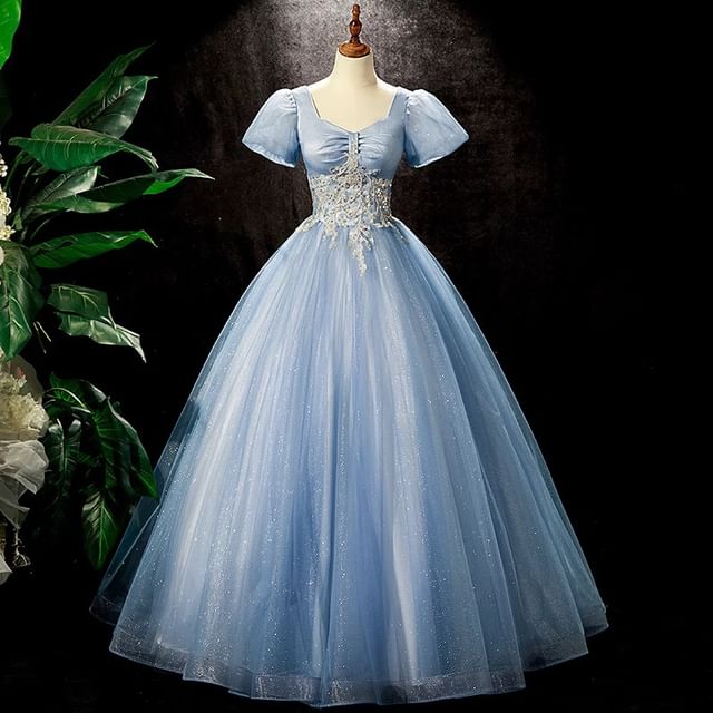 Lexama-Short-Sleeve Sequin A-Line Evening Gown