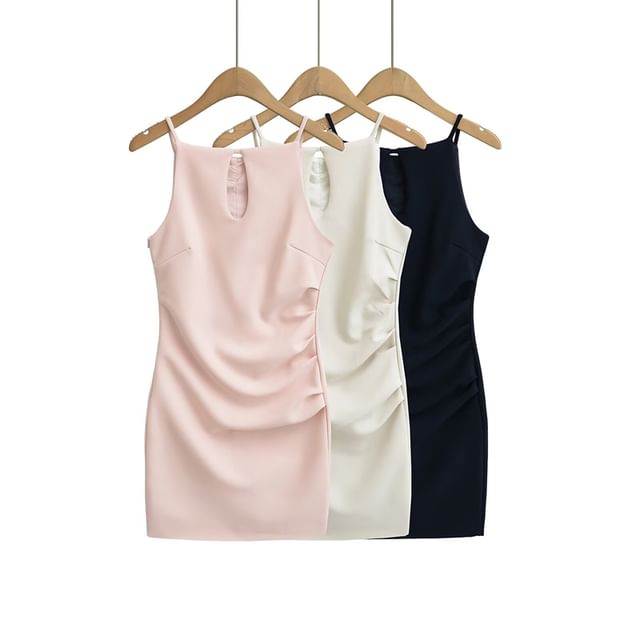 Ulark-Spaghetti Strap Cutout Plain Mini Dress