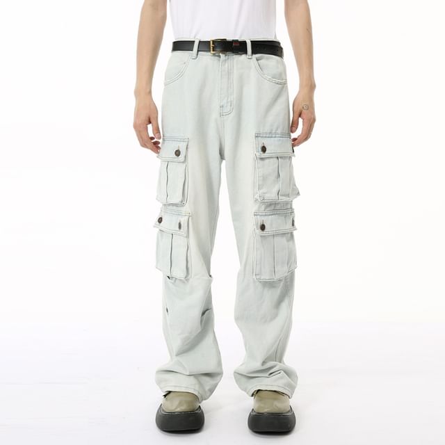 FAERIS-Mid Rise Washed Loose Fit Cargo Jeans