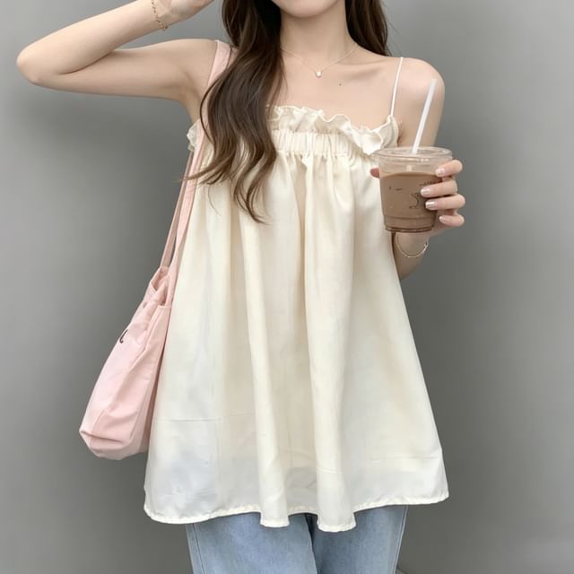 PINPI-Square Neck Plain Frill Trim Flowy Cami Top