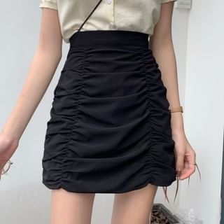Sisyphi-High Waist Plain Ruffle Mini Pencil Skirt