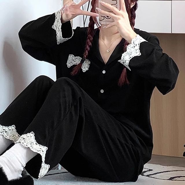 GOUB-Pajama Set Long-Sleeve Button-Up Top Pants