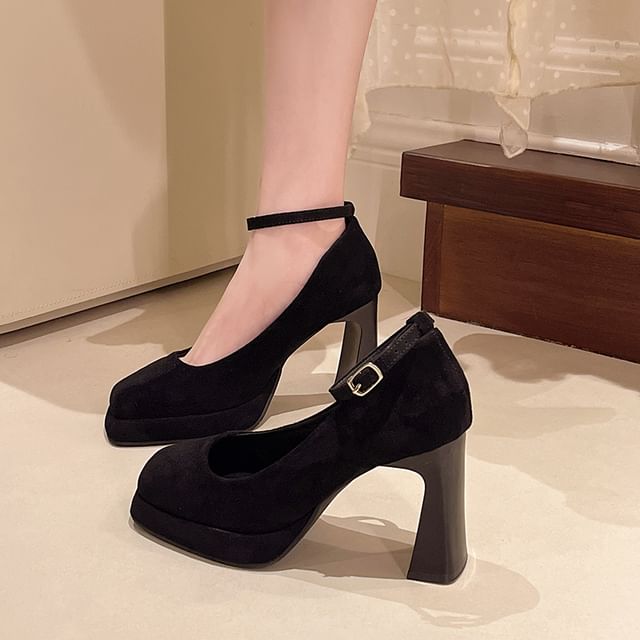 Nikao-Chunky Heel Square Toe Ankle Strap Plain Pumps