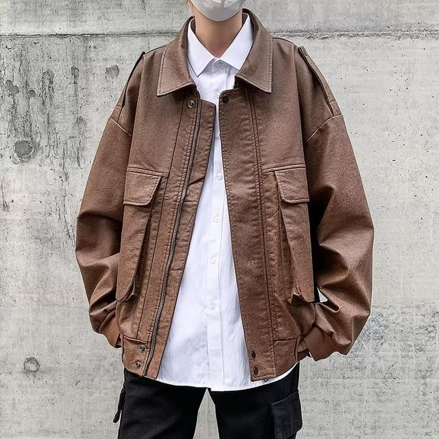 Bay Go Mall-Collared Plain Zip-Up Faux Leather Jacket