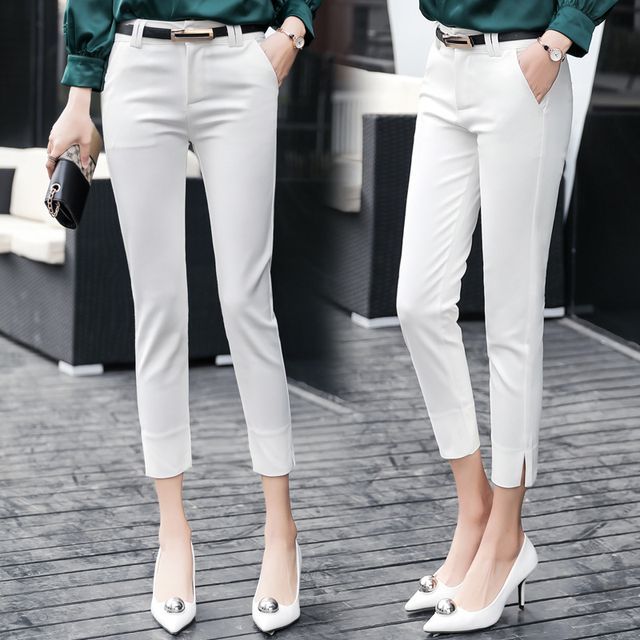 Honey River - Mid Rise Plain Slit Cropped Slim Fit Dress Pants | YesStyle