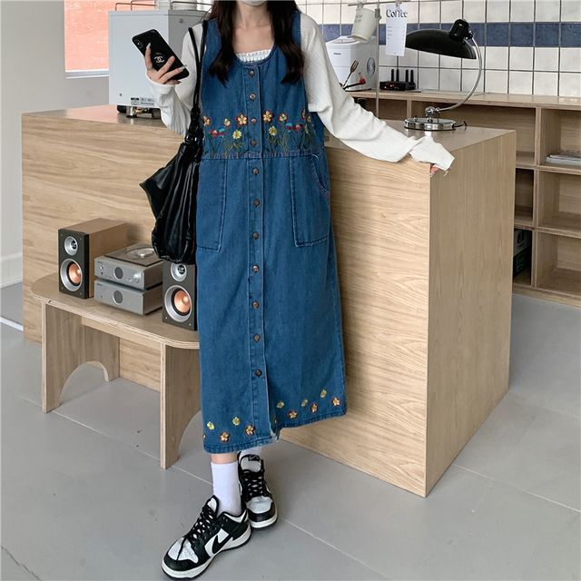 floral embroidered denim overall dress Denim Overall Dress w/ Bright Floral Ruffle Skirt — 18M main image 1