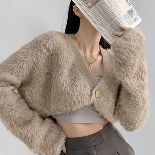 Odestra-V-Neck Fluffy Crop Cardigan