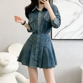 Aurora Long-Sleeve Denim Mini Pleated Shirt Dress Sale