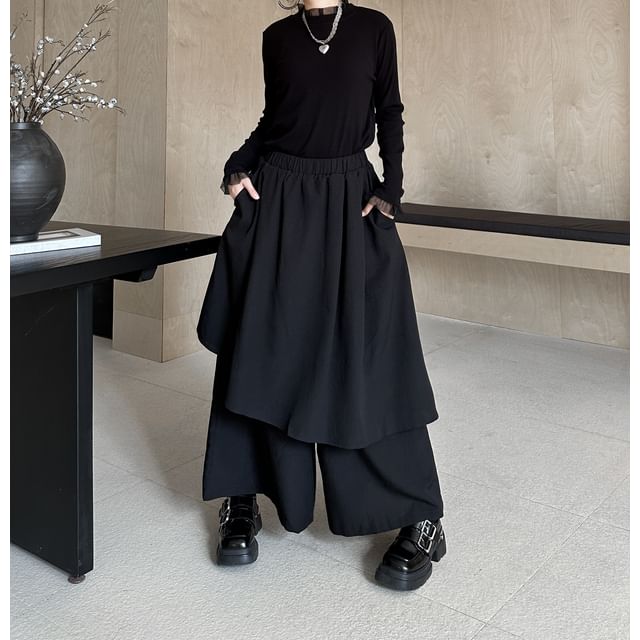KUMI-Elastic Waist Plain Panel Culottes