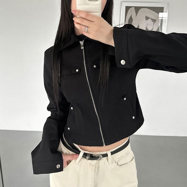Honet-Long Sleeve Plain Zip-Up Cargo Jacket