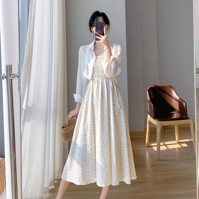 Darling Deer - Spaghetti Strap Floral Midi A-Line Dress / Long-Sleeve Plain  Drawstring Crop Shirt / Set | YesStyle