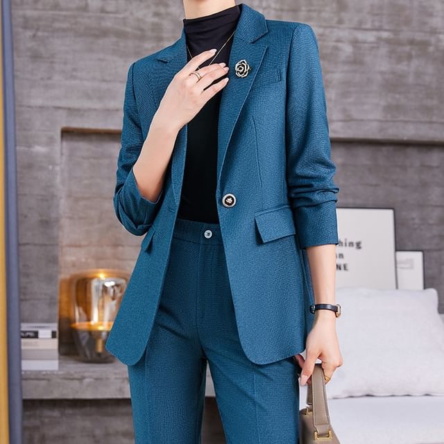 Skyheart-Plain Single-Button Blazer High Waist Flared Slacks Set
