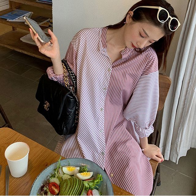 Everose-Striped Panel Two Tone Shirt