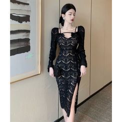 Sodoo - Long-Sleeve Lace Sheath Dress