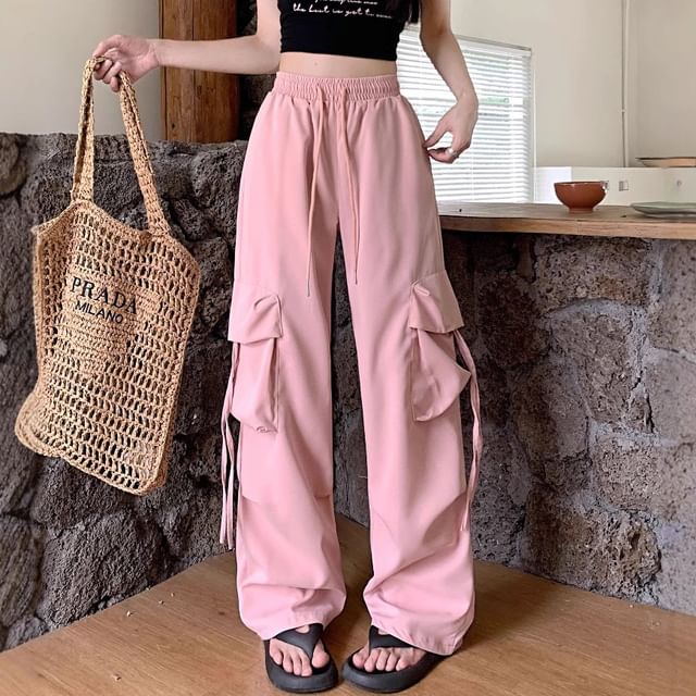Cloud Nine-Drawstring Waist Plain Baggy Cargo Pants