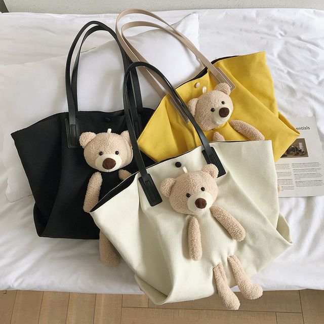 Aishang - Set: Bear Accent Tote Bag + Zip Pouch | YesStyle