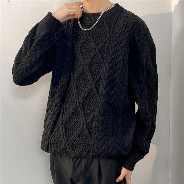 Urtishia-Crew Neck Plain Cable Knit Sweater
