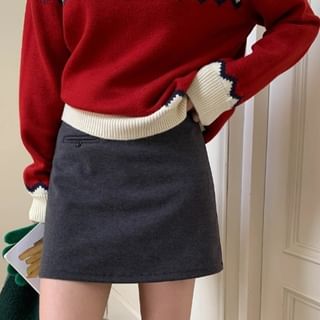 MORNINDEW-High Waist Plain Mini A-Line Skirt