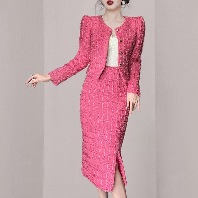 Yilda-Set Round Neck Tweed Button Jacket High Rise Slit Midi Pencil Skirt