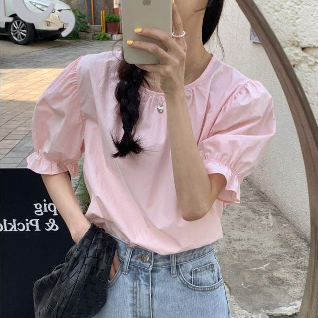 Happo-Puff-Sleeve Crew Neck Plain Shirred Blouse