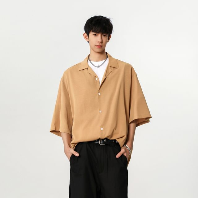 Vernanah-34-Sleeve Lapel Collar Button-Up Plain Shirt