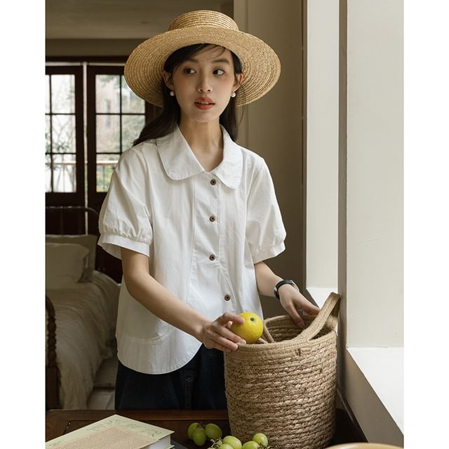 Lady Jean-Short-Sleeve Asymmetrical Button-Up Blouse