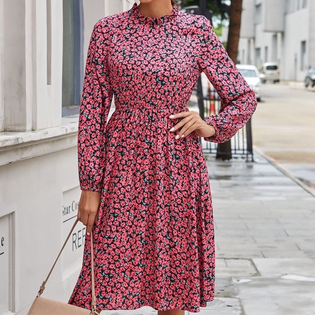 chinese dress ladies High Neck Floral Midi Dress 10 / Noir/Multi