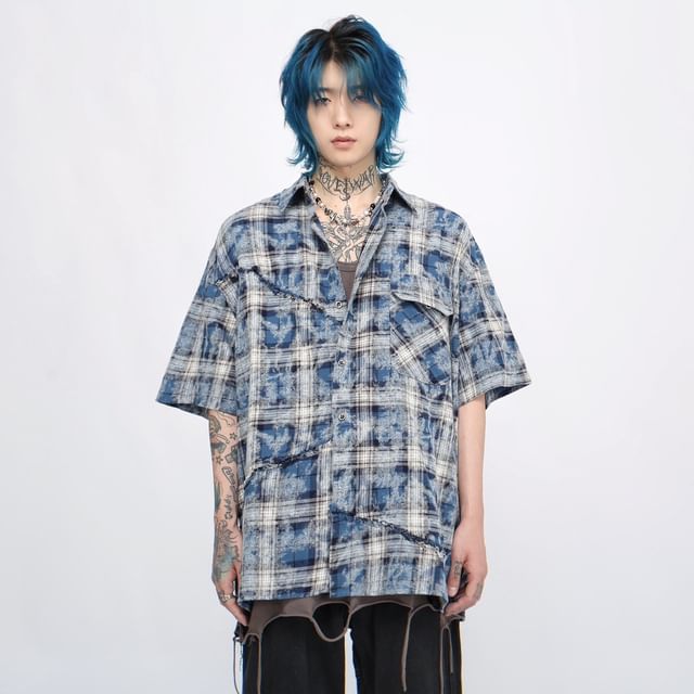 Derbundy-Elbow-Sleeve Plaid Shirt