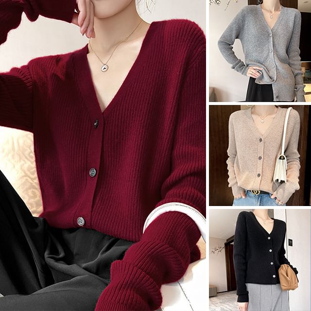 Jeonseon-V-Neck Plain Ribbed Button-Up Cardigan